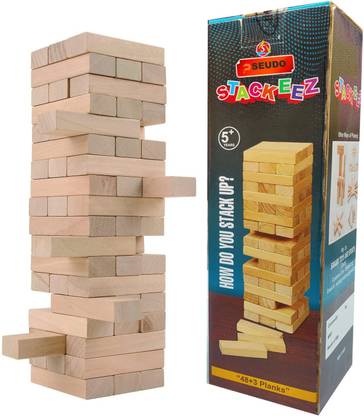 Pseudo 51 Pcs Stacking Tower Block, Challenging Wooden Tumbling Tower Block Game for Kids and Adults