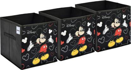 Billion Designer Disney Mickey Mouse Print Non Woven Fabric 3 Pieces Foldable Large Size Storage Cube Toy,Books,Shoes Storage Box With Handle (Black) Billion02317
