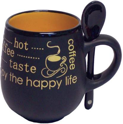 Massive Reckon Coffee and Tea Cup with Matching Spoon in Handle - Ceramic Stoneware Black Matte Finish (300 ml) Random Color 2 pcs Ceramic Coffee Mug