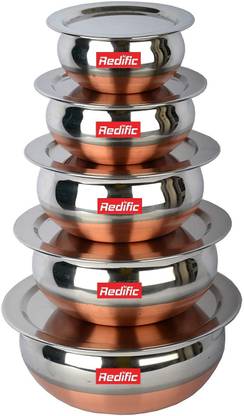 Redific cookware set stainless steel handi set copper bottom handi set of 5 Cookware/ Container set/milk pot pan/patila/bhagona/Serving bowl/biryani cook & serve Set With Lids (Stainless Steel, Copper, Induction Bottom) Stainless Steel Serving Bowl (Silver, Pack of 5) Cookware Set