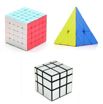 vworld Challenging High Speed Smooth Stickerless Cube Combo Of 5x5x5x5x5, Pyramid Triangle And 3x3 Silver Mirror Magic Puzzle Cube (3 Pieces)