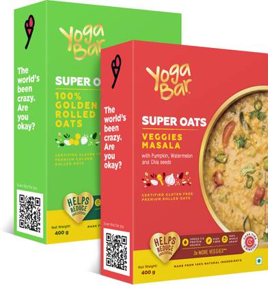 Yogabar Super Oats Super Saver Combo | 400g each, Pack of 2 | 100% Rolled Oats | Veggies Masala Oats |Ideal Breakfast Oats for Weight Loss Box