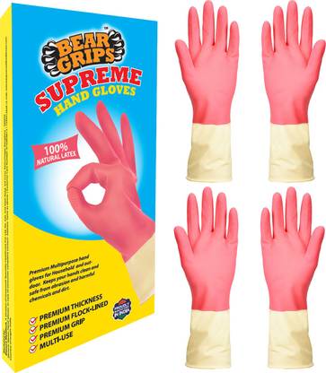 Bear Grips Supreme Natural Latex Rubber cotton flocklined Dish Washing Gloves, Cleaning Gloves, Hand Gloves for home, gardening and outdoor use Wet and Dry Glove Set