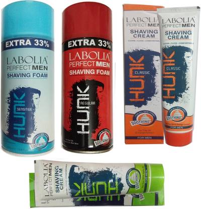 LABOLIA 1 Perfect Men Shaving Foam (Red ) Hunk Regular (400 Ml) + 1 Perfect Men Hunk Sensitive (400 Ml) + 1 Hunk Classic Perfect Men Shaving Cream + 1 Perfect Men Hunk Antiseptic Cream