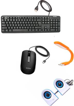 Intex USB 1 WIRED KEYBOARD SOFT TOUCH STANDARD KEYBOARD LONG KEY PRESS LIFE KEY STROKE USB 1 WIRED MOUSE SMOOTH SCROLL COMFORTABLE GRIP USB MULTIMEDIA SPEAKER SOUND JHANKAR LAPTOP COMPUTER USB LED LIGHT TABLE LAMP FOR HOME WITH SET COMBO SET ITEM Combo Set