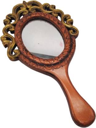 INDIA MEETS INDIA Wooden Hand Mirror Beauty Make-up Mirror Carved Antique Finish by Awarded Artisans, Brown