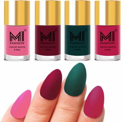 MI FASHION Premium Quality Dull Velvet Matte Nail Polish Duo Pont Flat Brush Exclusive Combo No-14 Baby Pink,Mauve,Dark Green,Pink