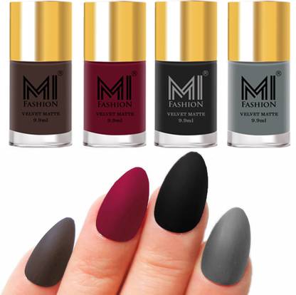 MI FASHION Premium Quality Dull Velvet Matte Nail Polish Duo Pont Flat Brush Exclusive Combo No-85 Coffee,Mauve,Black,Grey