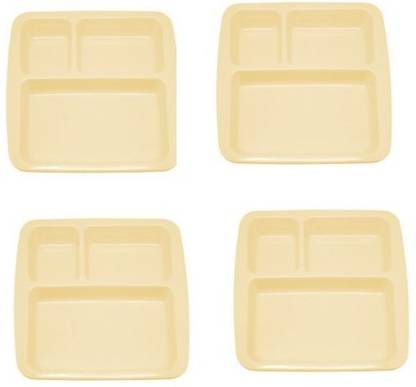 DURGA PLASTICS Cream Color Square Partition Plate with 3 Sections Divided-Pack of 6 Sectioned Plate