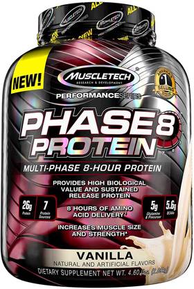 Muscletech Phase8,Sustained-Release 8-Hour Protein|26g of Protein+5.6g of BCAA Protein Blends