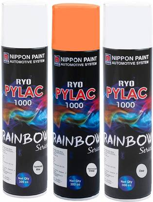 Nippon Paint Combo of Ryo Pylac 1000 Rainbow Series Spray Paint 900ml (1Pc Fluorescent White, 1Pc Fluorescent Orange and 1Pc Clear) White Spray Paint 900 ml