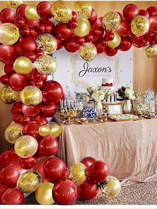 SV Traders Solid Royal Red And Golden Balloon Combo Of 102 Pcs-Golden Confetti Balloons(10)+Metallic Balloons Red 45+Golden 45+Balloon Glue Dots100(1)+Balloon Arch Garland(1) Balloon