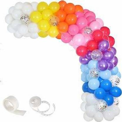 SV Traders Solid Colorful Rainbow Balloons Combo 102 Pcs-Multi Confetti(10)+Metallic Balloons White 25+Yellow 15+Pink 10+Orange 10+Red 10+Purple 10+Blue 10+Balloon Glue Dots 100(1)+Balloon Arch Garland(1) Balloon