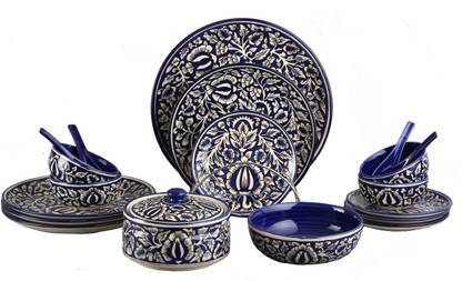 caffeine Pack of 19 Ceramic Handmade Blue Mughal Dinner Set Dinner Set