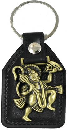 AFH Lord Hanuman Flying with Sanjeevani Mountain Antique Gold Leather Key Chain Key Chain