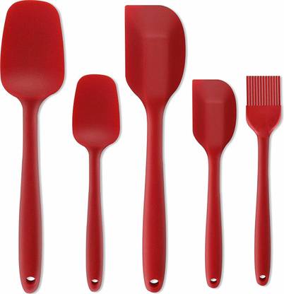 INKULTURE 5 Piece Kitchen Tool Silicone Spoonula, Spatula and Basting Brush, Heat Resistant and Non-Stick Cookware Cooking Utensil Set, Dishwasher Safe, Red Kitchen Tool Set
