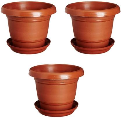 Ramanuj (Pack of 3 With Tray) Heavy Duty Plastic Size-8 inches Future Green High Quality Round Gardening Flower Pots With Tray Outdoor/Indoor (Pack Of 3 ) Plant Container Set Brown Plant Container Set