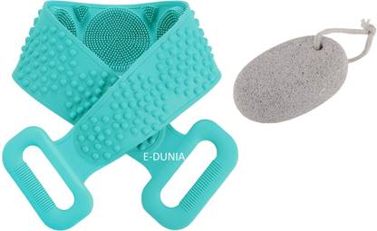 E-DUNIA Soft Silicone Back Body Scrubber Exfoliating Shower Bathing Brush with Handle, Deep Clean SPA Massage Skin Care Tool, for any Skin, Improve Women Men Blood Circulation(60cm/23.6in, Multicolor) with free pumice stone