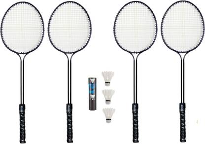 Monika Sports 4 Pc Double Shaft Rcaquet, 3 Pc Feather Shuttle Badminton Kit