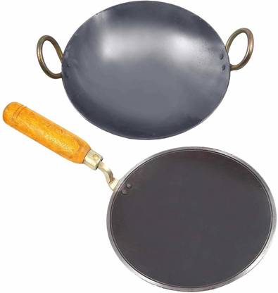 KITCHEN SHOPEE Iron Skillet Frying Pan with Double Handle And Iron Tawa 8 in 9 in diameter ,Diameter (cm) - 20.32,, 22.86, Kadhai 25 cm diameter 2.5 L capacity