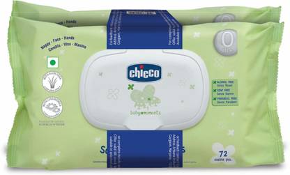 Chicco Baby Soft Cleansing Wipes,Ideal for Nappy, Face and Hand, (Pack of 2, 72 Sheets)