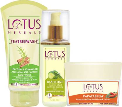 LOTUS HERBALS Double-up Moisturization Set ( Tea Tree Face Wash_ 120 gm + Basiltone _ 80 ml + Papayablem _50gm )