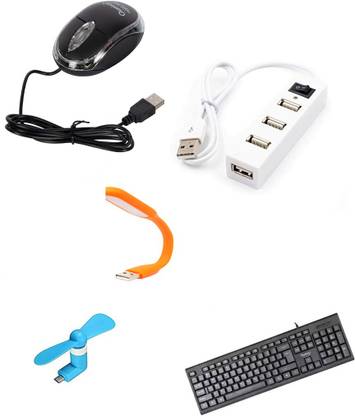 QHMPL 4 Port Hi-Speed USB Hub with Power Switch USB 1 WIRED STANDARD KEYBOARD SOFT TOUCH KEYS EXCEPTIONALLY COMFORTABLE LONG KEY PRESS LIFE EASY TO READ KEYS LONG CABLE ABS PLASTIC FONT KEY USB 1 WIRED OPTICAL MOUSE COMFORTABLE GRIP WITH ERGONOMIC DESIGN Portable Flexible USB LED Light Lamp Mini Electric USB OTG Fan, Cooler for Android Mobile & Devices ALL ITEM COMBO SET BEST QUALITY NO -01 Combo Set