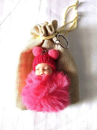 Nony Cute Fluffy Rabbit Ball Fur Pompom Sleeping Baby Doll Women-Pink Key Chain