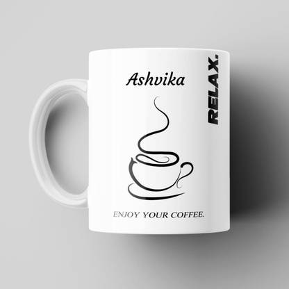 Beautum Relax and Enjoy Your Coffee Name Ashvika Printed Best Gift White Ceramic Coffee (350) ml Model No:BEYCR002332 Ceramic Coffee Mug