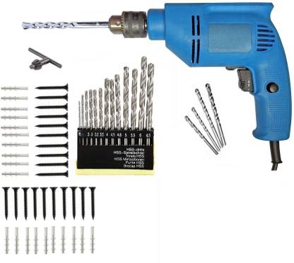 DUMDAAR 400W, 10MM Electric drill machine with LEFT RIGHT rotation speed control 13pc hss And 5pcs Masonry Drill bits and 20 pcs use full Accessories . Pistol Grip Drill