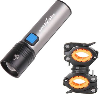 amiciVision USB-Rechargeable LED Flashlight, Powerful Torch Built-in Battery, Cycle Mount Torch