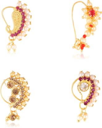 VSHINE FASHION JEWELLERY Precious Nath Wedding Traditional Ethnic Collection Maharashtrian Festive Multicolor Stone Studded Diamond Gold Plated Stylish Fancy Nath Nose Pin Nathiya Fashion Jewellery Set for Women and Girls Cubic Zirconia Gold-plated Plated Alloy, Brass Nose Ring Set
