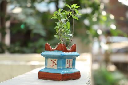 Jimkia Tulsi Plant Container, Ceramic Planter Small Size ( Chokar Tulsi Bansoi ) Blue & Maroon Color, With Om & Satiya Printed Idol For Puja Ghar Decor, Balcony Decor & Blessing Gift Purpose. (Without Plants) Plant Container Set