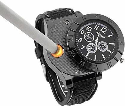 Huayue Metal Body Heavy Weight Quartz Movement Watch Comes In Beautiful Gifting Box- Perfect Gift For Cigarette Lovers Black Dial Chronograph Looks Analogue Men Wrist Watch | Durable Rubber Strap Wrist Watch Cum Rechargeable Flameless Lighter |Micro USB Charging Cable Included Cigarette Lighter