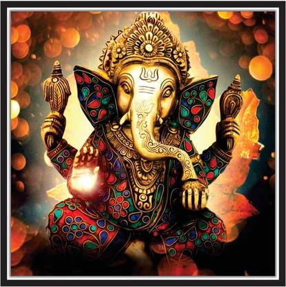 MJR 30.48 cm Paper Poster Wall Art Decor Print Shiny 3d Printed Lord Ganesha | Size:-12 in x 12 in; Multicolour Self Adhesive Sticker