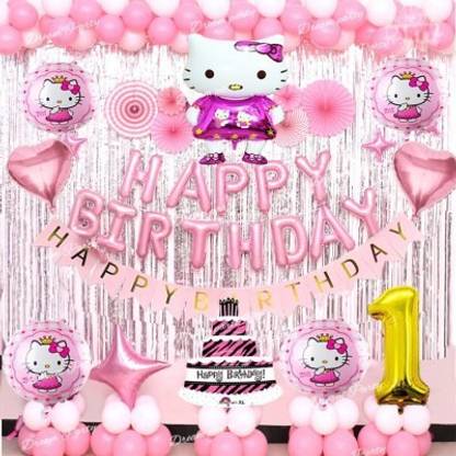 Anayatech Ist birthday kitty birthday combo-1 happy foil banner,1 birthday banner,1 kitty foil,4 round kitty balloon,2 heart ,2 silver curtain,1 no foil,14 pink balloon,14 white balloon-pack of 52