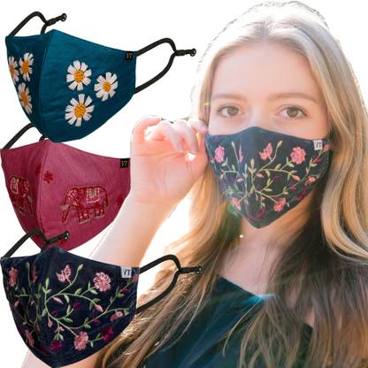 Young Threads Floral Embroidered Face Mask,100% Cotton Lining, Handcrafted Face Mask, 3Layered Face Mask, Nose pin, ear loops- Pack of 3 YT53YT55YT58 Reusable Cloth Mask