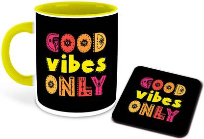 whats your kick Good Vibes Only Inspired Designer Printed Yellow Ceramic Coffee |Tea | Milk with Coaster (Gift | Good Vibes Only | Motivational Quotes | Hobby (Multi 17) Ceramic Coffee Mug