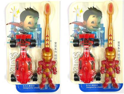 V. S Power Premium Toothbrush for Kids || With Toy Iron Man ||Soft Bristles || Easy Grip || Attractive Design|| Pack of 2 Ultra Soft Toothbrush