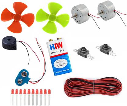 REES52 Science Project Kit For Windmill Project with DC Toy Motors, Four Blade Fans, 9v Battery , Battery Snapper, Red LEDs, Push Button, Piezo Buzzer, Connecting Wires Educational Electronic Hobby Kit
