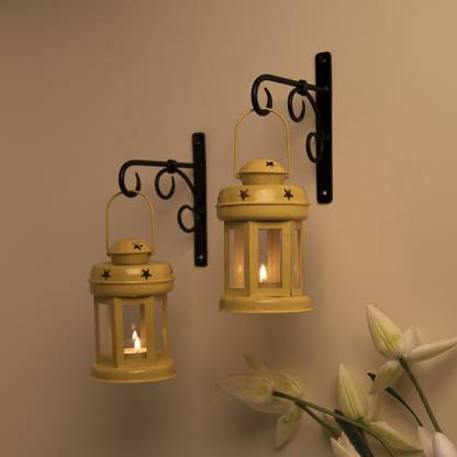 Flipkart SmartBuy Wall Star Light Decorative Metal Lantern Indoor/Outdoor Hanging Lantern, Set of 2 Designer Candle Tealight Holder with Wall Hook, Yellow Yellow Metal Hanging Lantern