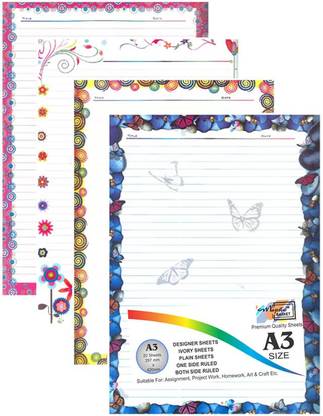 MAJESTIC BASKET Premium High Quality ART & CRAFT DESIGNER SHEETS FOR PROJECT / ASSIGNMENT / HOMEWORK/ CREATIVE WORK ETC [Pack of 40 sheets with 4 different styles] One Side Ruled Lines A3 85 gsm Multipurpose Paper