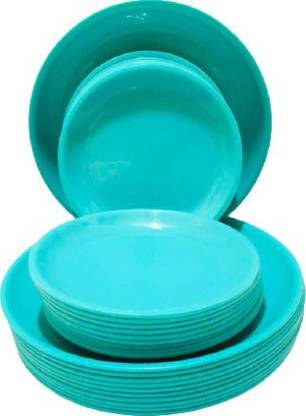 Everbuy Stackable Unbreakable Microwave Safe Round Sea Green Plates Set For Home Kitchen (Set of 12 Full plates {11 inches } and 12 Half Plates {7.5 inches} ) Made in India Dinner Plate