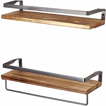 PRITI Rustic Floating Wall Shelves with Rails - Decorative Storage for Kitchen Wooden Wall Shelf