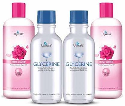 Ujjwala Natural and Pure Rose Water (Gulab Jal) 100 ml+ 100 ml and Glycerine Fresh 60gm + 60 gm (Combo of 4))