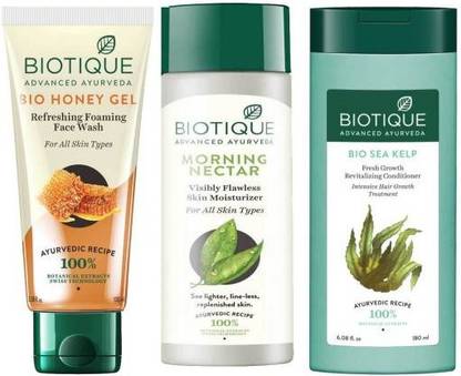 BIOTIQUE BIO HONEY GEL GFACE WASH,100ml & BIO MORNING NECTAR SKIN MOISTURIZER,120ml & BIO SEA KELP CONDITIONER,180ml