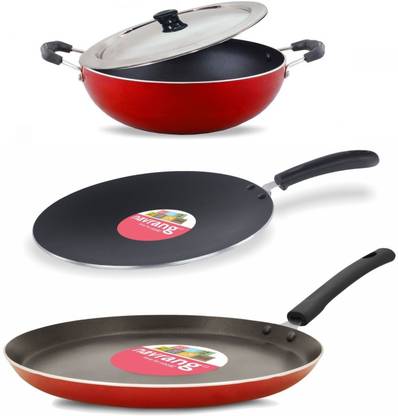 NAVRANG NONSTICK 4PCS COMBO SET TAWA 275MM+ROTI TAWA 280MM+KADAI 230MM+ SS LID Cookware Set