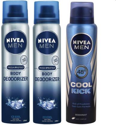 Nivea Men Ice Cool Deodoriser & Cool Kick Deodorant Combo - Pack of 3 Deodorant Spray  -  For Men