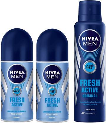 Nivea Men Fresh Active Roll On & Fresh Active Deodorant Combo - Pack of 3 Deodorant Spray  -  For Men