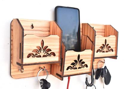 jaishreeshyamcollectionTM 3 Shelf Flower Wood Key Holder (4 Hooks, Beige) Wood Key Holder
